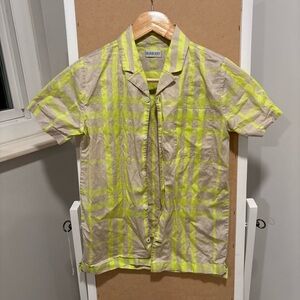 Burberry Neon Yellow Plaid Short Sleeve Button Shirt